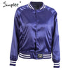 Simplee Satin letter print basic jacket coat women tops Autumn winter 2016 casual outwear blue jackets Label bomber jacket veste