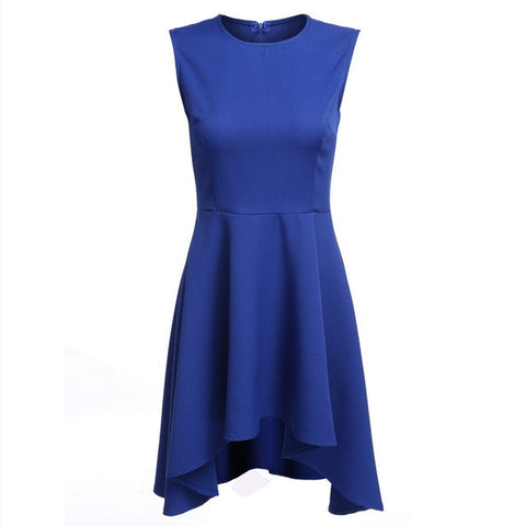 Women Sexy Summer Dress Slim Beach Party Dresses Sleeveless Asymetrical Hem Pure Color O-Neck Mini Sundress Vestidos Female