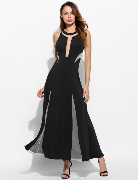 Summer Women Long Dress Sleeveless Sexy Slim Evening Mermaid Dress Crew Mesh Patchwork See-Through Dress New m23