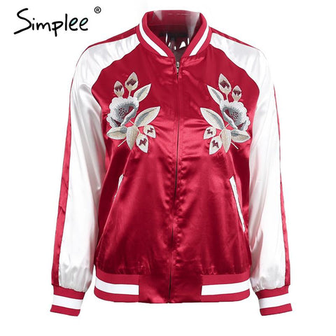 Simplee Satin floral embroidery bomber jacket coat  Autumn Winter 2016 street jacket women Casual basic jackets  sukajan