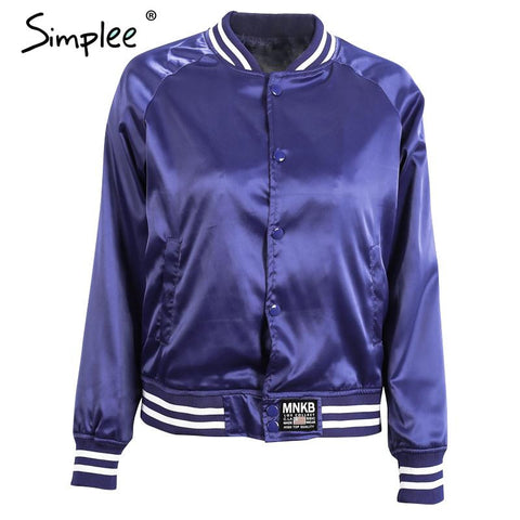 Simplee Satin letter print basic jacket coat women tops Autumn winter 2016 casual outwear blue jackets Label bomber jacket veste