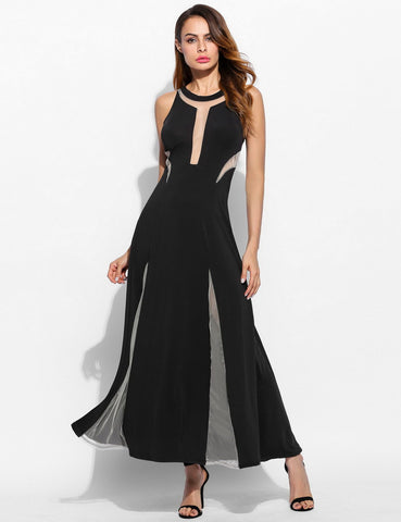 Summer Women Long Dress Sleeveless Sexy Slim Evening Mermaid Dress Crew Mesh Patchwork See-Through Dress New m23