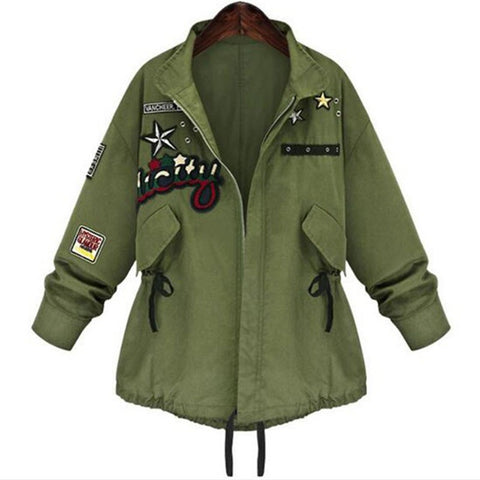 Vintage Bomber Jacket Tops 2016 Autumn Outerwear Women Fashion Coats Long Sleeve Letter Embroidery Casual Loose Solid Outwear