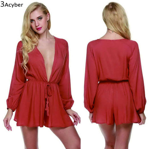 2016 Sexy Deep V-Neck Rompers Women Summer Flare Fit Short Mono Jumpsuit Elastic Waist Playsuit Long Sleeve Overalls Bodysuit u2